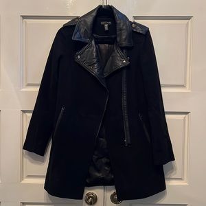 Black Wool Coat, faux leather trim